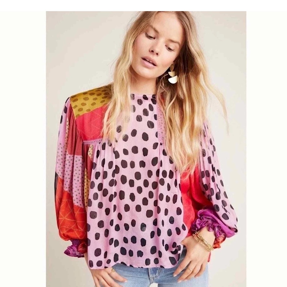 Z010. Anthropologie Miranda Peasant Blouse Bl-nk Boho Blank Spot Patchwork